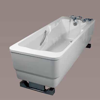 Free-standing, height-adjustable bathtub Accessible from three sides Innovative and attractive design Adjustable air spa provides a relaxing bathing experience Includes hand shower with long hose