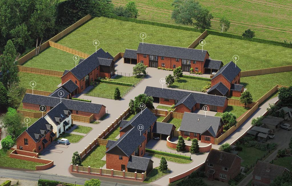 A development of 13 desirable village properties. Choice of detached and semi-detached houses, detached bungalows and chalet styles.