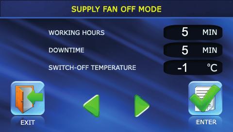 The SUPPLY FAN OFF mode helps to prevent heat exchanger freezing and requires disabling of the HEATING CONTROL parameter.