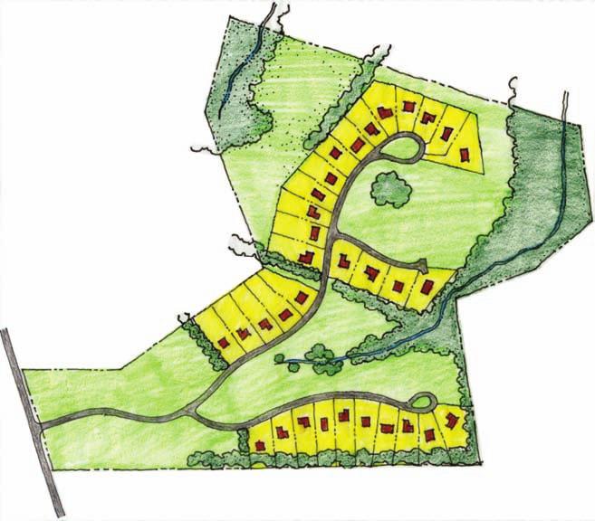 MEADOW FOREST HEDGEROWS NATURAL DRAINAGE WAY PUBLIC ROAD FIELD This site plan illustrates an example of cluster development on a rural site with retention of agricultural and natural features