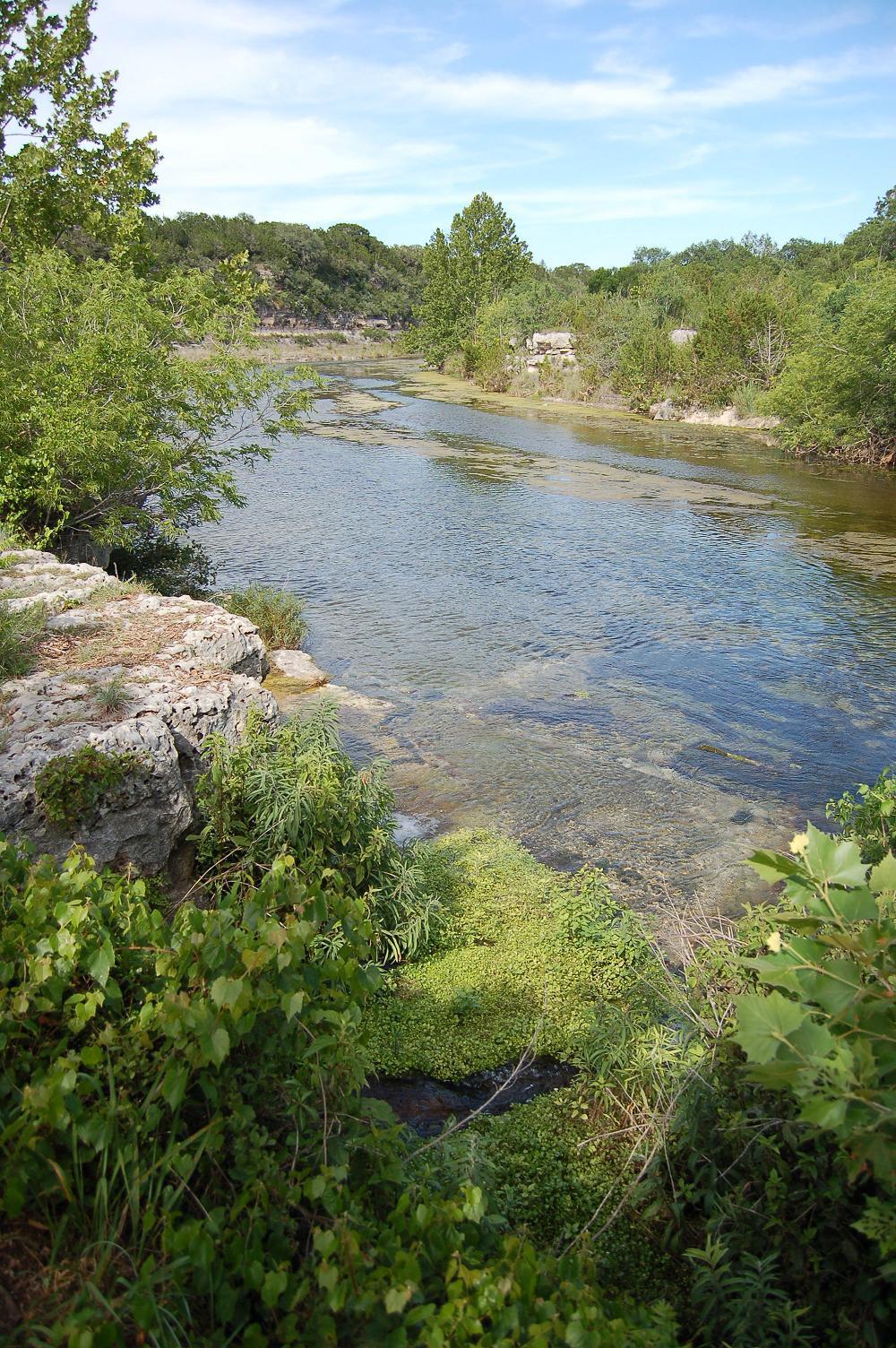 A Hill Country stream to which local limestone boulders and native vegetation have been added.