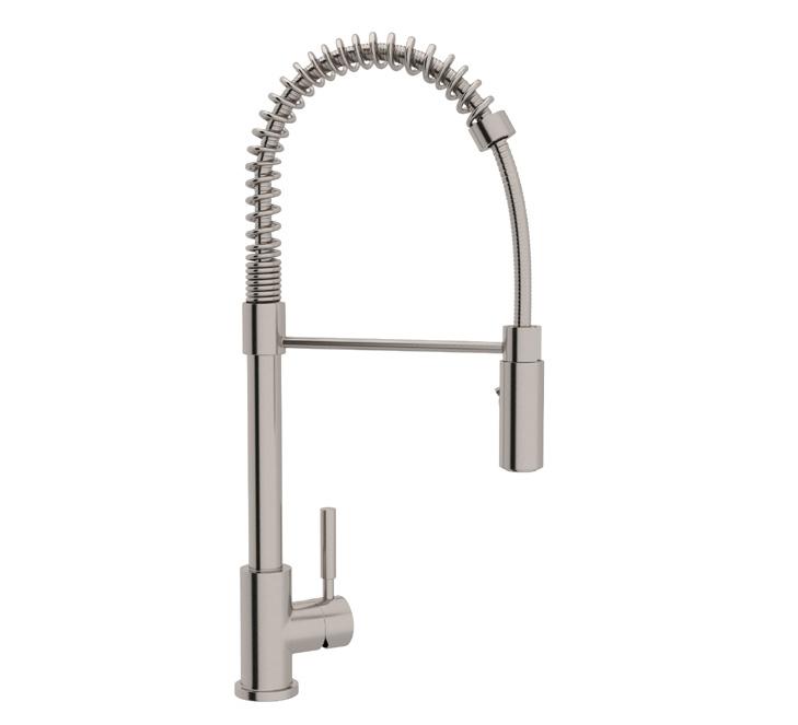 MODERN SIDE LEVER STAINLESS STEEL PRO PULL-DOWN KITCHEN FAUCET R7521SS FEATURES Metal lever Dual spray modes Handspray locks into spray mode Stainless steel construction 1 5/8 max.