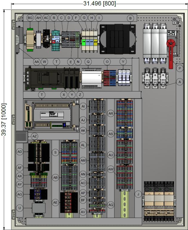 A Power distribution 3 phase blocks B 750/1000 VA control transformer (120 480 VAC) C 120 VAC H1 power distribution terminals D 120 VAC H2 power distribution terminals E Neutral N1 distribution