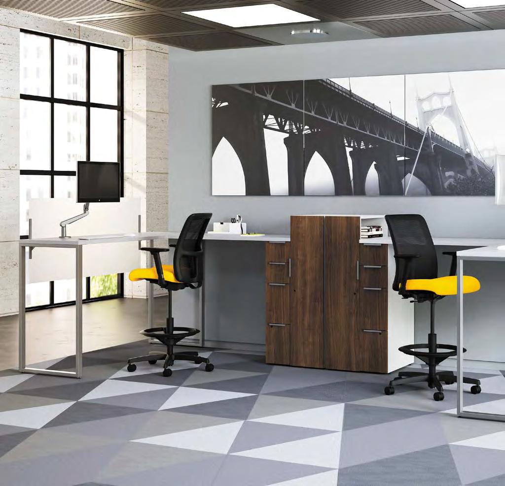 Shown with Ignition Stool seating. Inspired by HON color palette Energy. LOTS OF LOOKS Voi s light scale and clean horizontal planes create a visual language that is carried throughout a workplace.