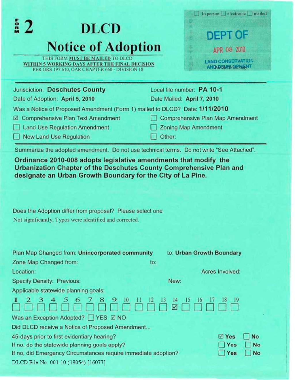I 2 DLCD Notice of Adoption THIS FORM MUST BK MAII.KD IO DLC I) WITHIN 5 WORKING DAYS Al-1 KU THE FIN AI DFC ISION PER ORS 197.