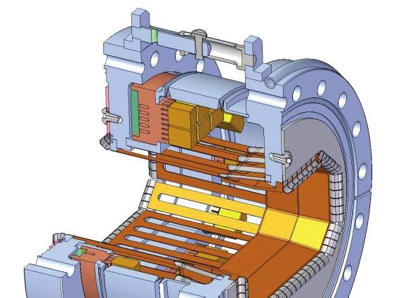 Figure 4:Ultimate design of the PEP-II high power expansion bellows module with sliding fingers, compression (hold down) fingers, beam RF seals at the ends, and water cooled HOM absorbers tiles.