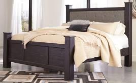 brown replicated worn through paint finish Accented with large scaled satin nickel colored handles and knobs Poster headboard features upholstered