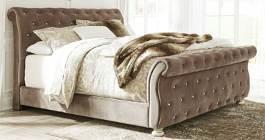 weathered finish Distinct chevron design gives a rustic yet contemporary air to the group Upholstered bed features linen look button-tufted cushion on headboard and burlap look fabric on
