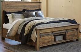 detailing in an industrial bronze finish Storage bed features sliding barn door design on footboard Mirror can be attached to dresser or hung on the wall.