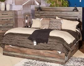 B211 Drystan Rustic urban group mixes the refined look of assembled reclaimed barn board with industrial accents Finish is a replicated woodgrain with burnt orange and teal color accents Queen and