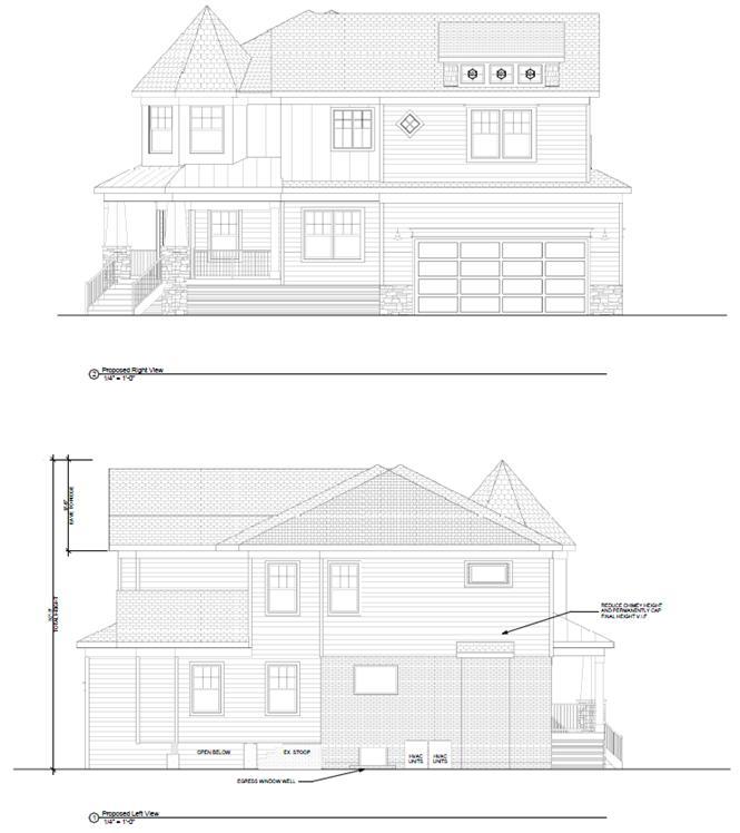 Right: Front and Rear View of Exterior Left: Turret Interior Elevation Front Natural light pours throughout the house.