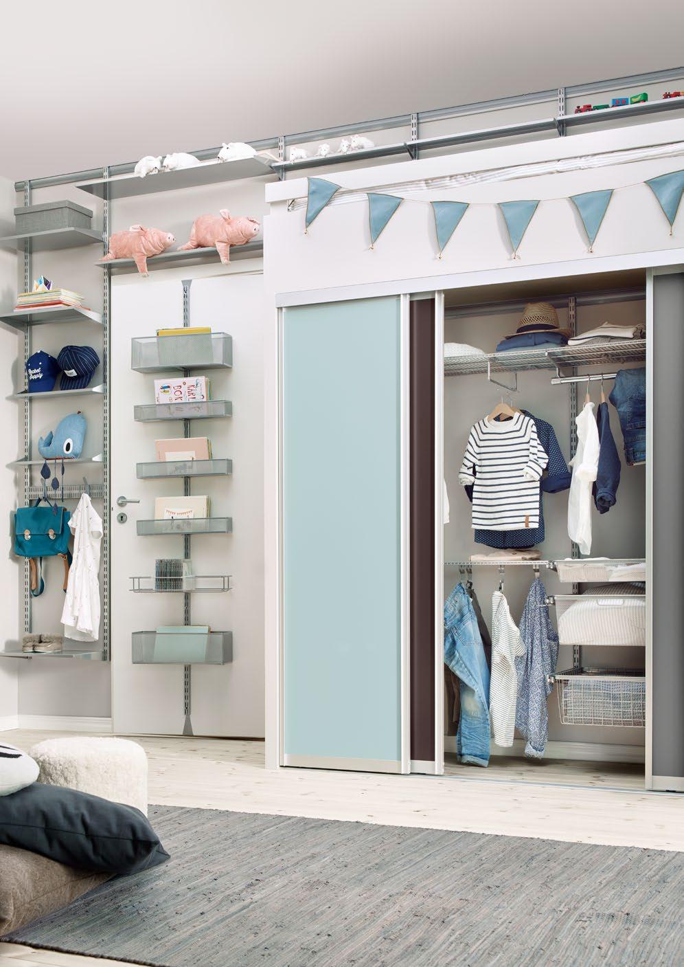 The closet can be rearranged as the kids grow using Classic wall hang system. Add extra storage by using Utility on the door or on the other walls.