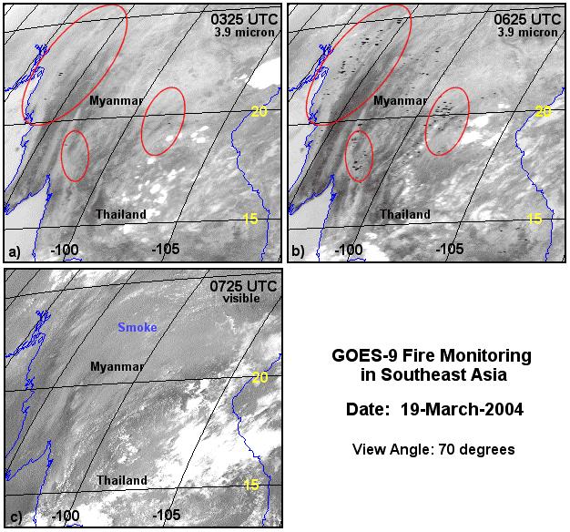 Figure 3. Fires observed in GOES-9 visible and 3.9 µm imagery in southeast Asia on 19 March 2004. The dark hot spots in the 3.9 µm imagery are fire pixels. MSG 3.9 µm data.