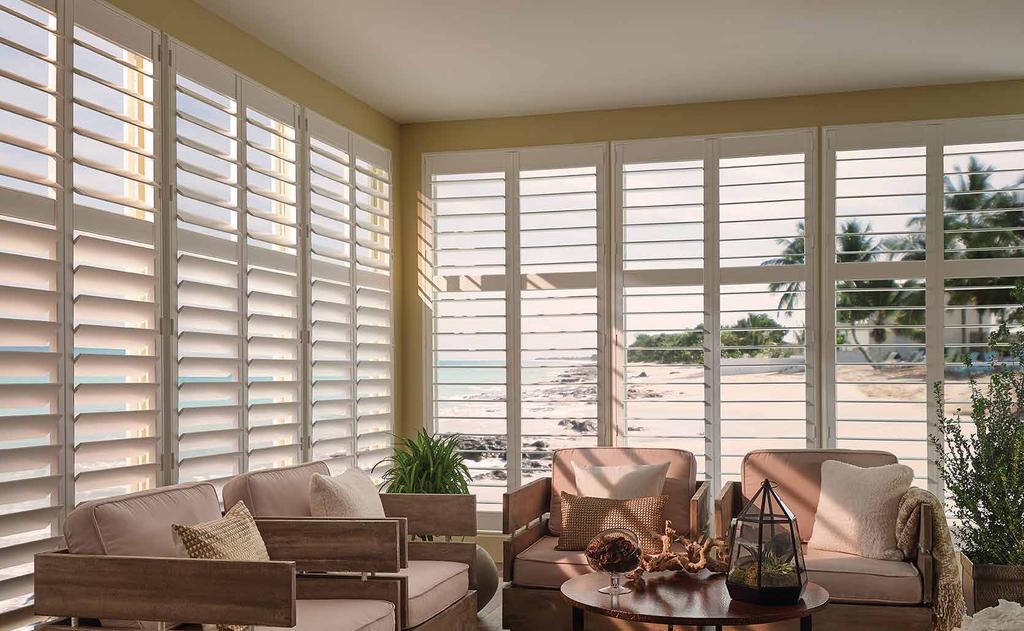 // ECLIPSE SHUTTERS BOLD & BREEZY Take a deep breath. Our Polyresin Shutters are GREENGUARD certified, ensuring a healthy atmosphere, and the tilt bar means cord-free operation.
