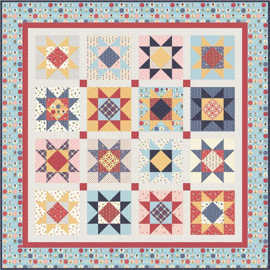 Gingham Girl Stars by Amy Smart Quilt Size 72" x 72" Fabric Requirements 16 Assorted Fat Quarters 1 1/4 Yards C7830 Blue Main 5/8 Yard