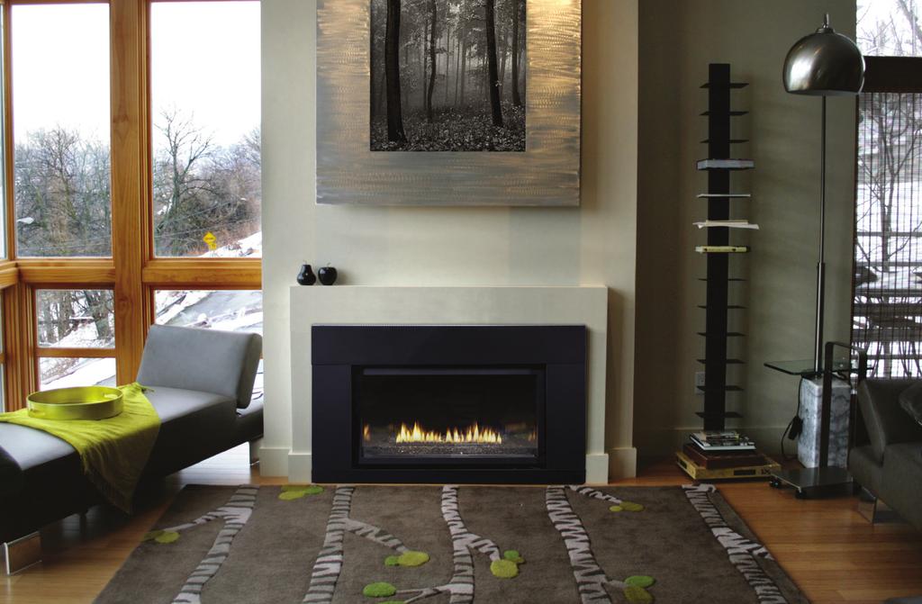 Options & Accessories Loft 27,000 TUs Direct-Vent Fireplace Insert shown with Polished lack Decorative Glass and Matte lack metal surround.