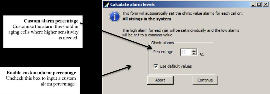 NOTE: When using Cellwatch on older strings, it is recommended to use a lower percentage for calculating alarm levels. A more acceptable value would be 10% or lower depending on the age of the string.