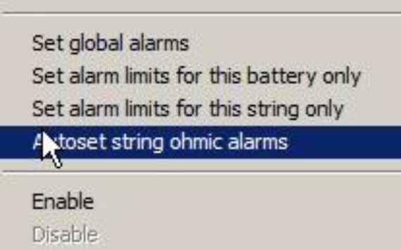 To access the feature, right click on the string tab for the appropriate string and click on Autoset string ohmic alarms.