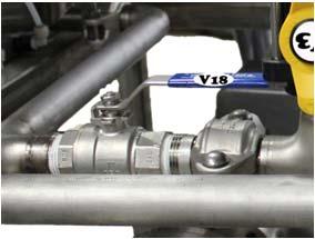 V6 The flow indicator should be toward the pipe incoming from the liquid source selector. Input from source selector should be from the permeate tank. V18 Handle should be parallel to the pipe.