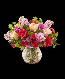 Sweet Spring Bouquet (S3) CONTAINER 1907 $55 Deluxe STANDARD (19-S3s) 3 Pink Standard 3 Hot Pink Mini Carnation 2 Peach 50 cm Roses 2 Pale Pink Stock 3 Leatherleaf DELUXE (19-S3d) 4 Pink Standard 3