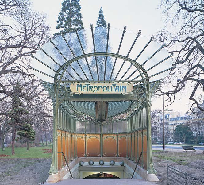 In the entrances to stations for the Paris Métro Guimard used standard elements of metal that could be assembled to form entrance kiosks of