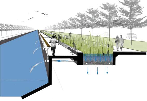 In this illustration, bioretention systems designed above a carpark to treat stormwater as well as to create
