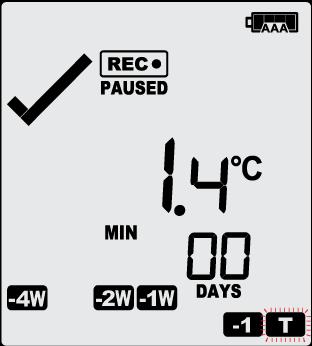 The paused function is enabled Pressing the REVIEW/MARK button again displays the current day s minimum statistic: Still flashes and -01 DAYS still shows, as we are still looking at yesterday s data.