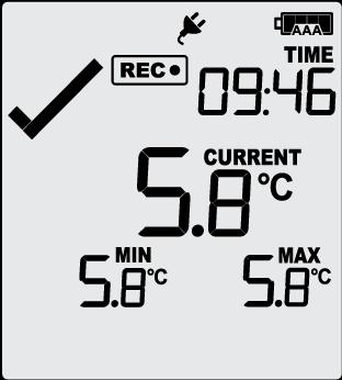 During normal operation the display shows the most recently recorded temperature. This temperature is updated at the same rate as the logging interval.