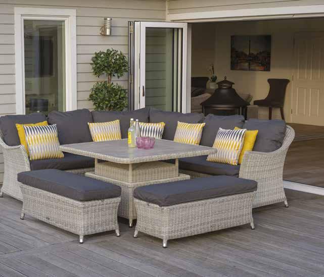 Fernhurst Modular Set Frost-resistant, recessed ceramic table top. Wipeable season-proof charcoal cushions with removable covers.