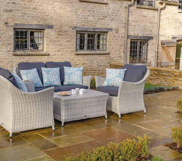 Elstead Sofa Set Frost-resistant, recessed ceramic table top. Wipeable season-proof charcoal cushions with removable covers.