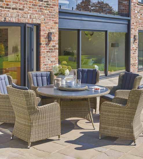 Queen 6 seater Dining Set Spraystone top. Fully weatherproof cushion, quick drying and easy to wipe clean.