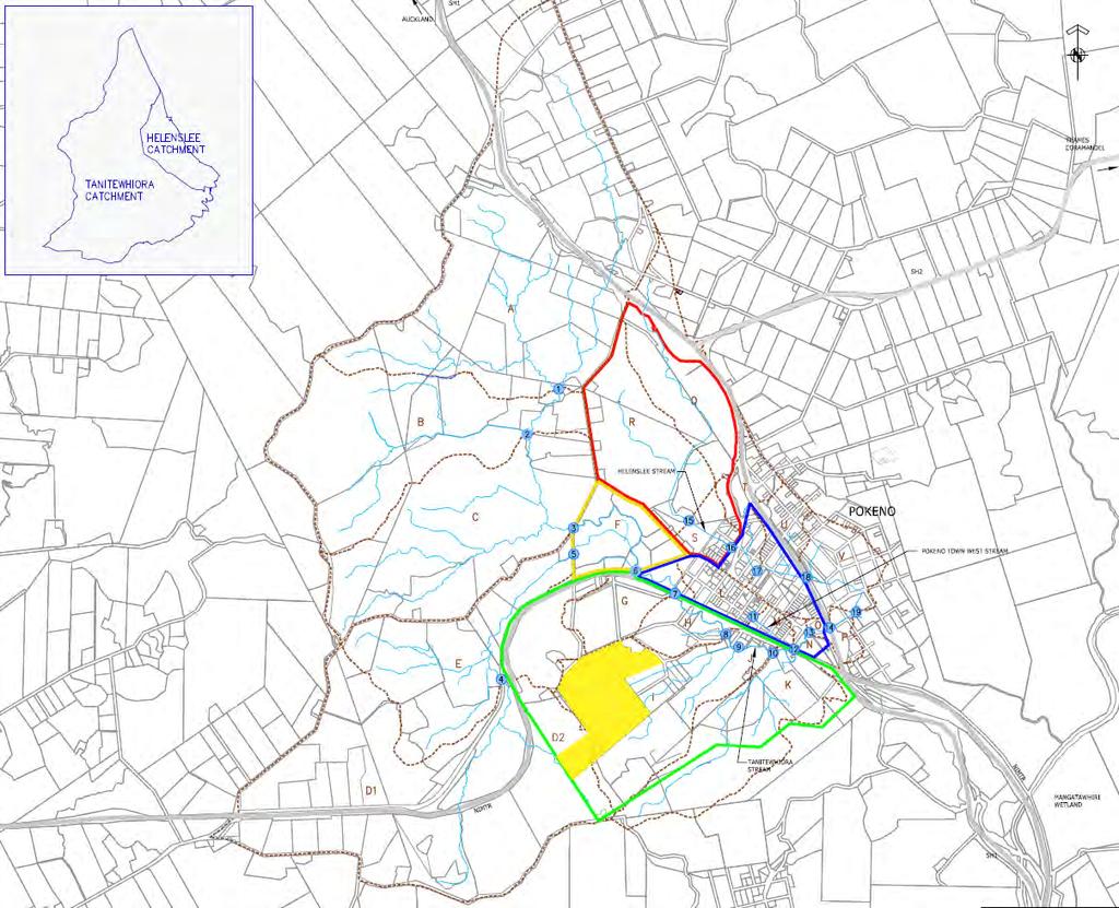 April 2017 Stormwater Management Report Graham Block, Pokeno DFH Joint Venture Figure 2 Existing catchment from the CMP drawing 121412-SW100. Site is highlighted yellow. 4.