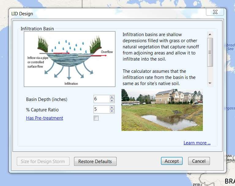 EPA National Stormwater Calculator LID Controls Infiltration Basin The basin's Capture Ratio is the area of the basin relative to the impervious area whose runoff it