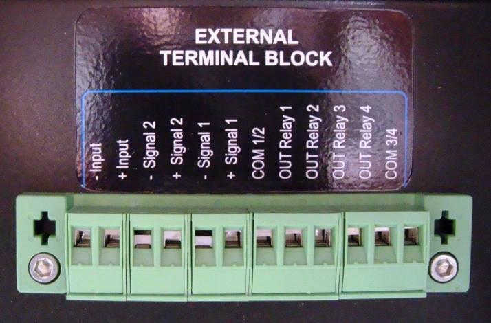 The external terminal block can be configured from the SERVICE Screen. Table 3.1 below shows the terminal contact labels starting with pin 1 on the left. Figure 3.