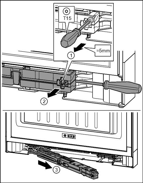 Putting into operation u Remove cover. Fig. 18 (2) Fig. 21 u Carefully remove the grey cable from the guide in the door. Fig. 21 (1) u Press the lug upwards.
