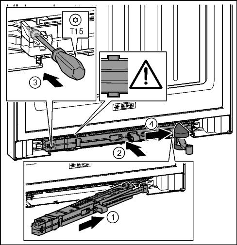 Fig. 37 (2) w The unit is positioned correctly when the rib on the soft-stop mechanism is in the guide. u Tighten the screw with the T15 screwdriver. Fig.