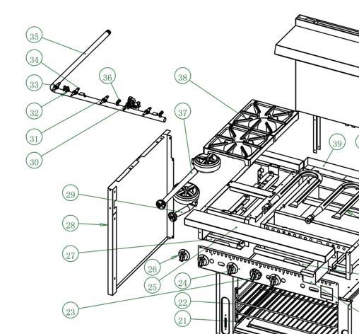 Exploded Diagrams and Parts Lists for the Range/Griddle Combos 36 Wide, 2 Burner, 24 Griddle Model 1 Rear Part of Back Plate 1 2 Front Part of Back Plate 1 3 Guide Trough of Back Plate 2 4 Inner Gas