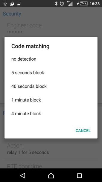"Code match" keypad blocking duration at code match attempt Allowable values 5 seconds to 4 minutes or code match function