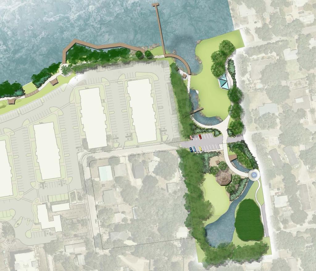 MINERAL SPRINGS PARK & POWERS PROPERTY OPTION B Public art focusing on history & environment Passive park with shelters and small gathering spaces Open flex lawn along riverfront Boardwalk with