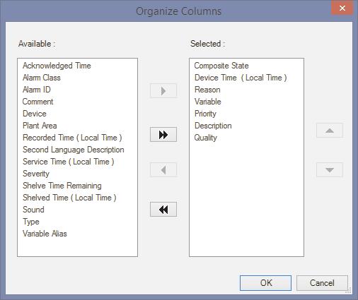 The columns available for display when Organize Columns is selected are described in the section Managing Columns.