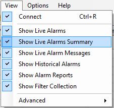 The Live Alarm Summary Data screen is divided into three sections; summary display (upper left), summary filtering (lower left), and summary detail display (right panel).