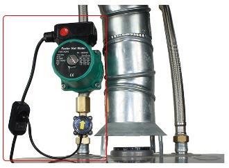 The circulation pump and Flow Monitor can be mounted in either the cold-water supply line to the water heater (right side) or in the hot water supply line going out of