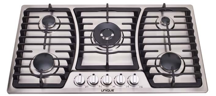 36 GAS COOKTOP UGP-36 CT1 stainless MODEL (shown) UGP-36 CT1 OPERATION Natural Gas (NG) or Propane (LPG) - comes set for NG, LPG orifices included DIMENSIONS: 35.4 x 20 x 4.