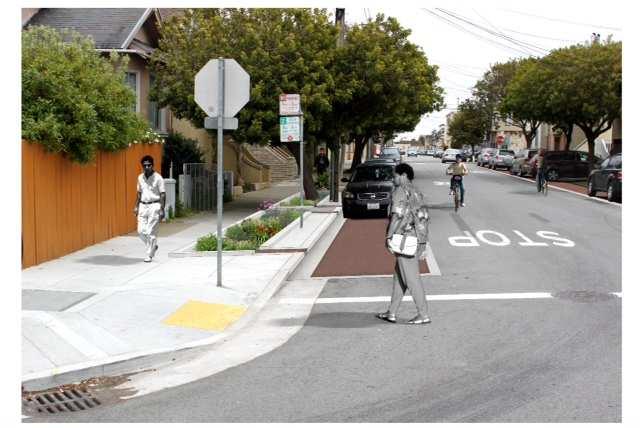 Concept B: Sidewalk Rain Garden & Permeable Paving +Roadside planters would be integrated adjacent to parallel