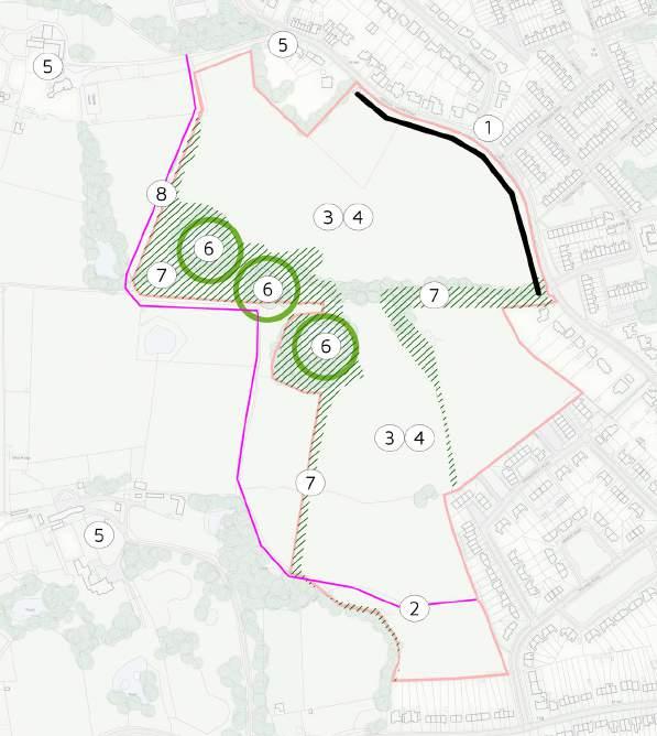 5.0 SITE CONDITIONS Summary Opportunities and Constraints 1. Access for vehicles and pedestrians could be achieved in several locations along Crouch House Road. 2.