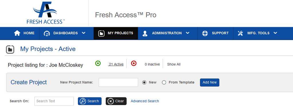 Creating a New Project 1. Open Fresh Access Pro within a web browser. Fresh Access Pro performs best using Google Chrome or Mozilla Firefox browsers.