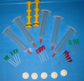 SHSK Syringe Holder Starter Kit Includes starting Dispense Holder Kit : (5) 30cc Volume Dispense Barrel (2) White clear Polypro Plungers (5) 18 gauge St. St. Needles 