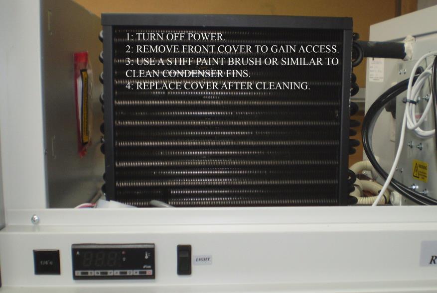 Procedure for cleaning the condenser: The condenser is located at the top of the cabinet.