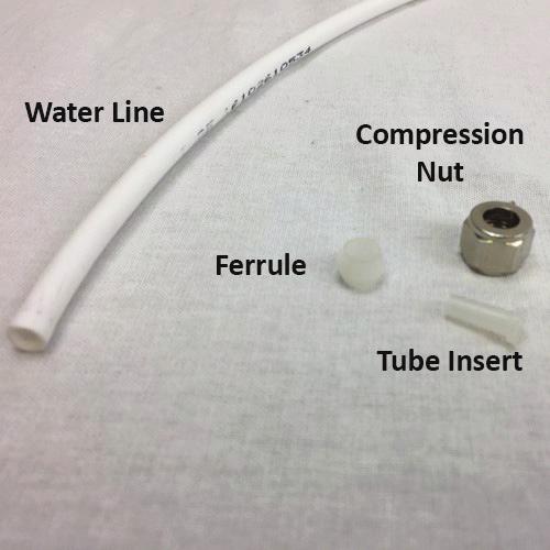 Be sure to connect the items on the water line in order. First slide the compression nut over the water line. Then slide the ferrule just over the end of the water line.