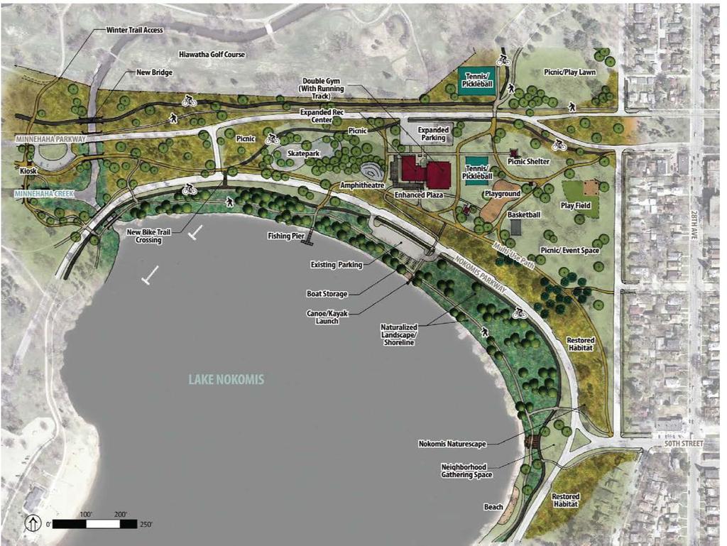 Figure 7: Nokomis Community Center and East Beach Plan The master plan includes the following recommendations for the Lake Hiawatha Activity Center, as described below and shown in Figure 8.
